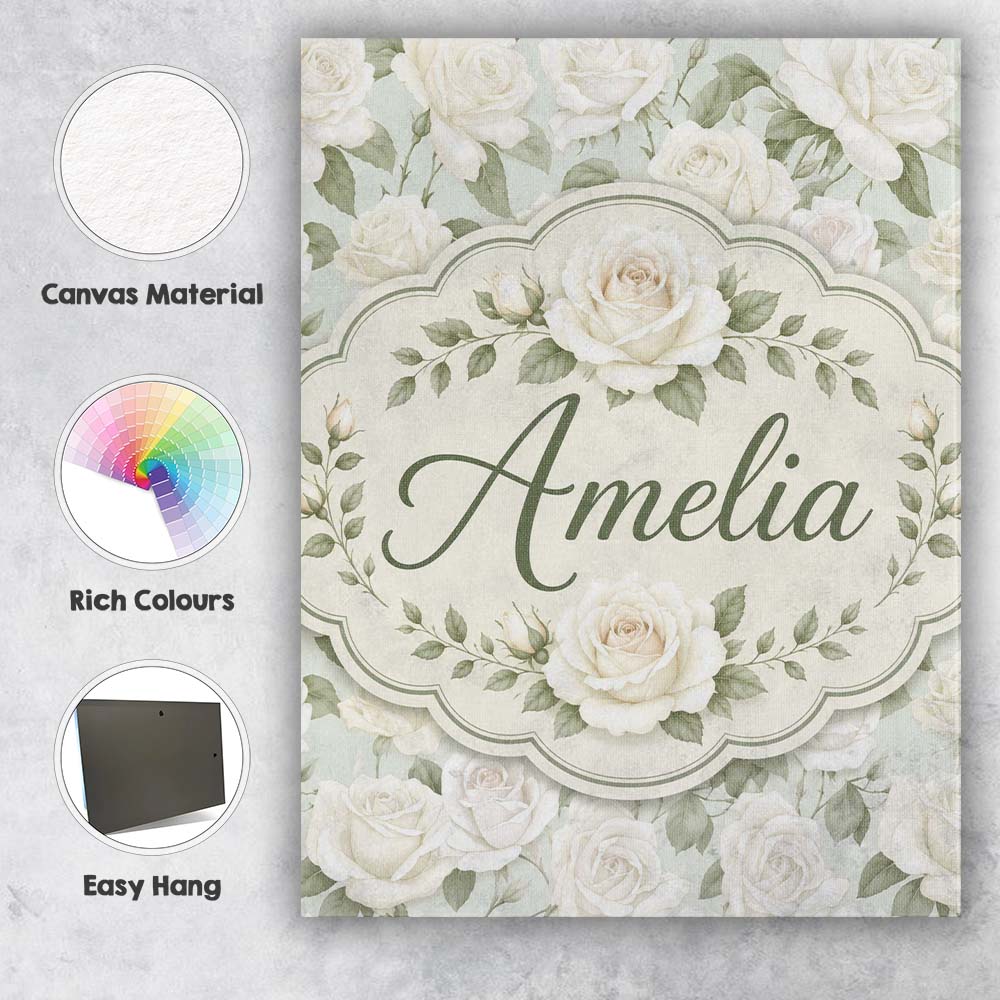 Personalised Name Elegant White Roses Custom Modern Room Accent Creative Decorator Style Canvas Wall Art Print Decor Picture Ready to Hang