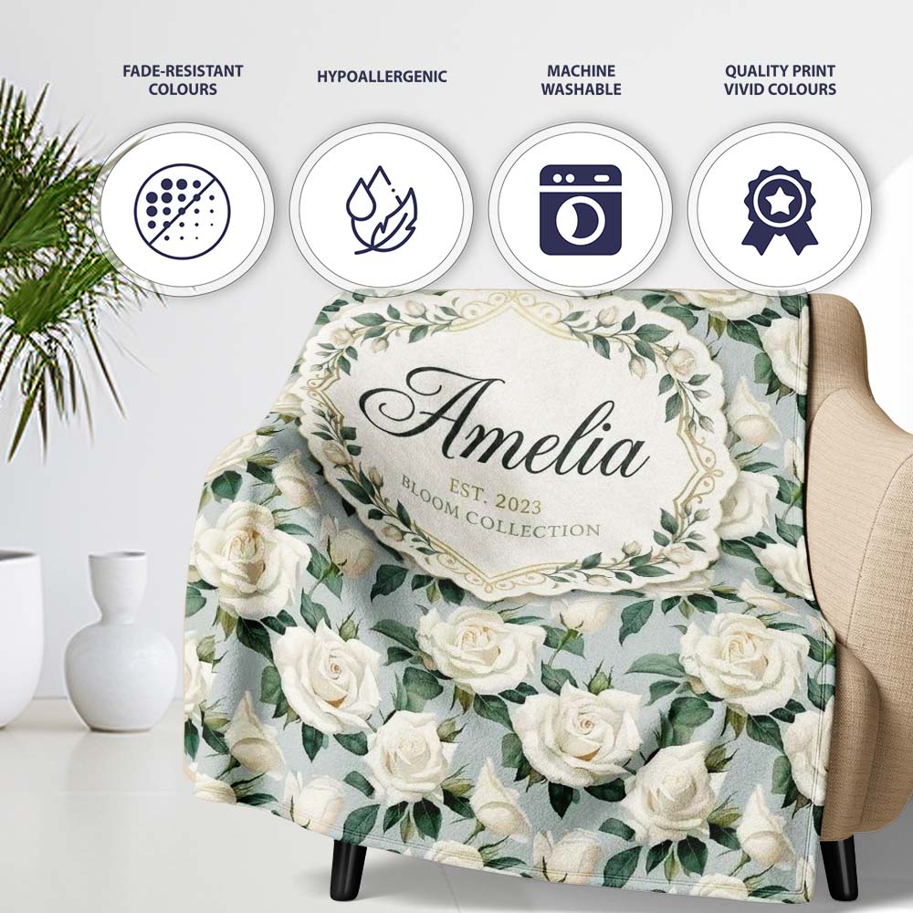 Classic Cream Rose Bouquet Soft Sage Background Seamless Pattern Personalised Custom Name Super Soft Fleece Blanket Bed Sofa Throw