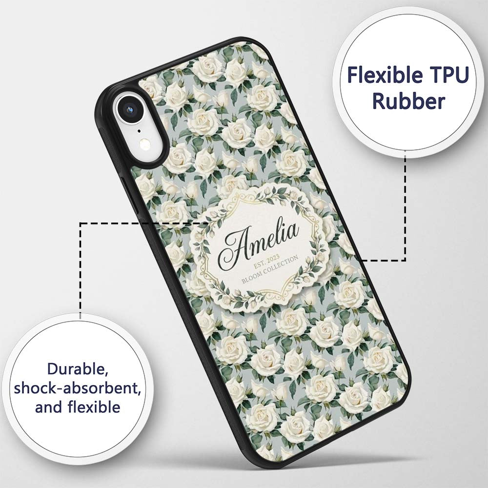 Classic Cream Rose Bouquet Soft Sage Background Custom Name Protective Phone Case Mobile Cover Durable Everyday Smartphone Shock Resistant
