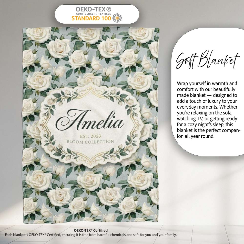 Classic Cream Rose Bouquet Soft Sage Background Seamless Pattern Personalised Custom Name Super Soft Fleece Blanket Bed Sofa Throw