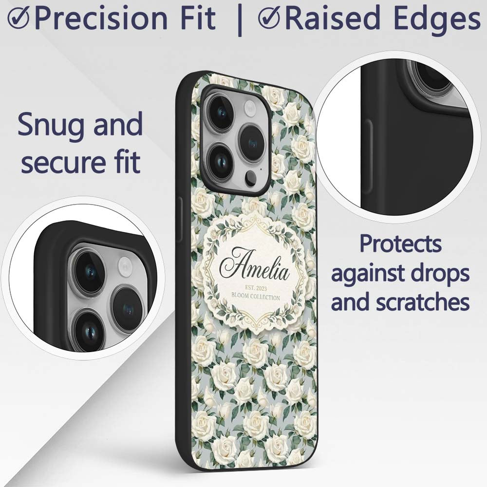 Classic Cream Rose Bouquet Soft Sage Background Custom Name Protective Phone Case Mobile Cover Durable Everyday Smartphone Shock Resistant