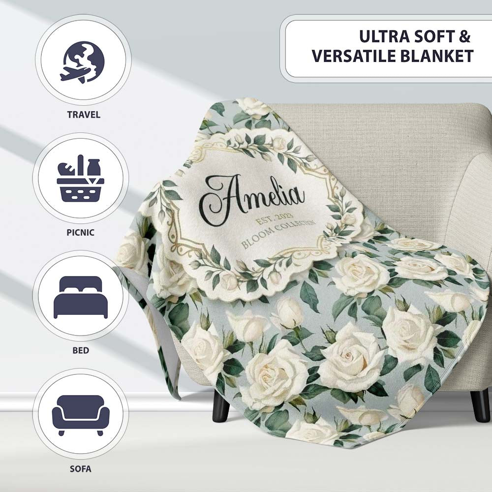 Classic Cream Rose Bouquet Soft Sage Background Seamless Pattern Personalised Custom Name Super Soft Fleece Blanket Bed Sofa Throw