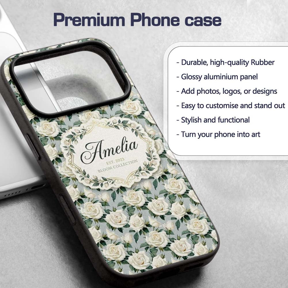 Classic Cream Rose Bouquet Soft Sage Background Custom Name Protective Phone Case Mobile Cover Durable Everyday Smartphone Shock Resistant