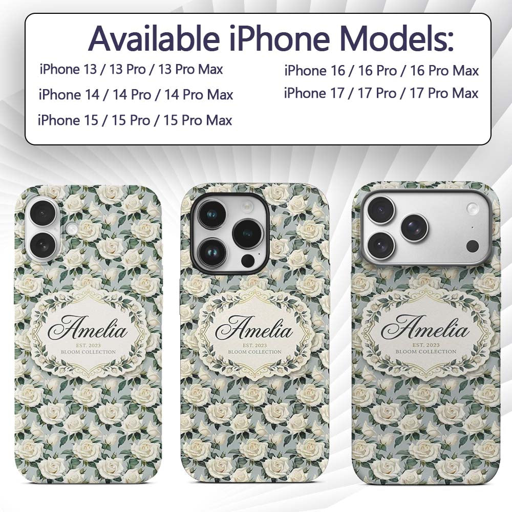 Classic Cream Rose Bouquet Soft Sage Background Custom Name Protective Phone Case Mobile Cover Durable Everyday Smartphone Shock Resistant