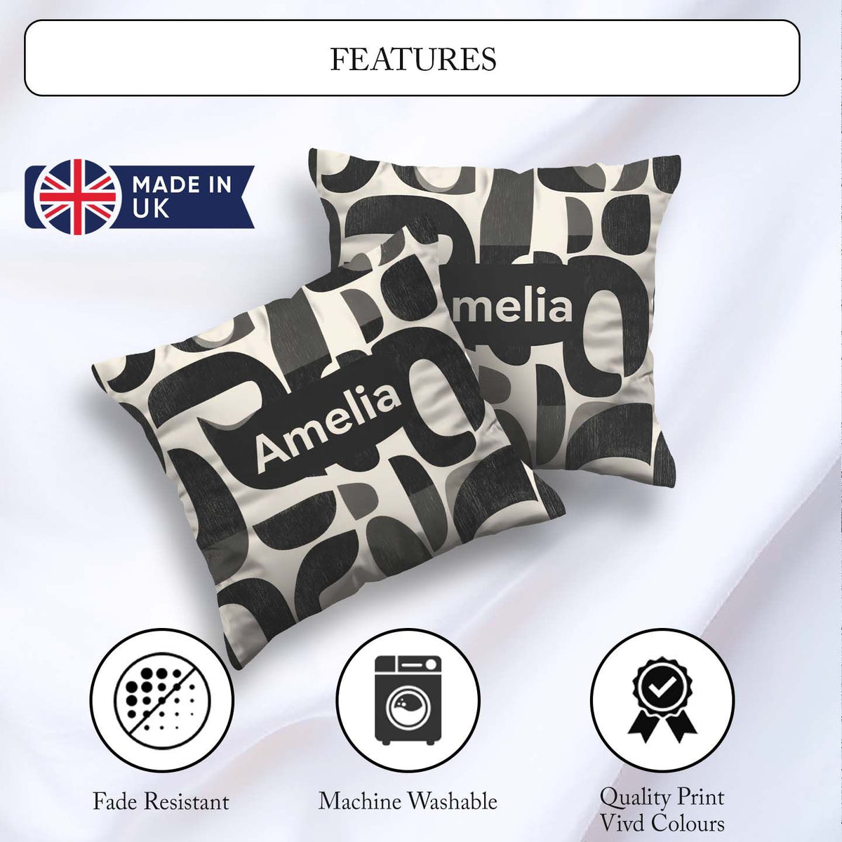Custom Name Bold Curved Shapes Black Grey Modern Abstract Lovely Square Filled Cushion Throw Pillow Sofa Bed Home Decor Zip Washable UK Made