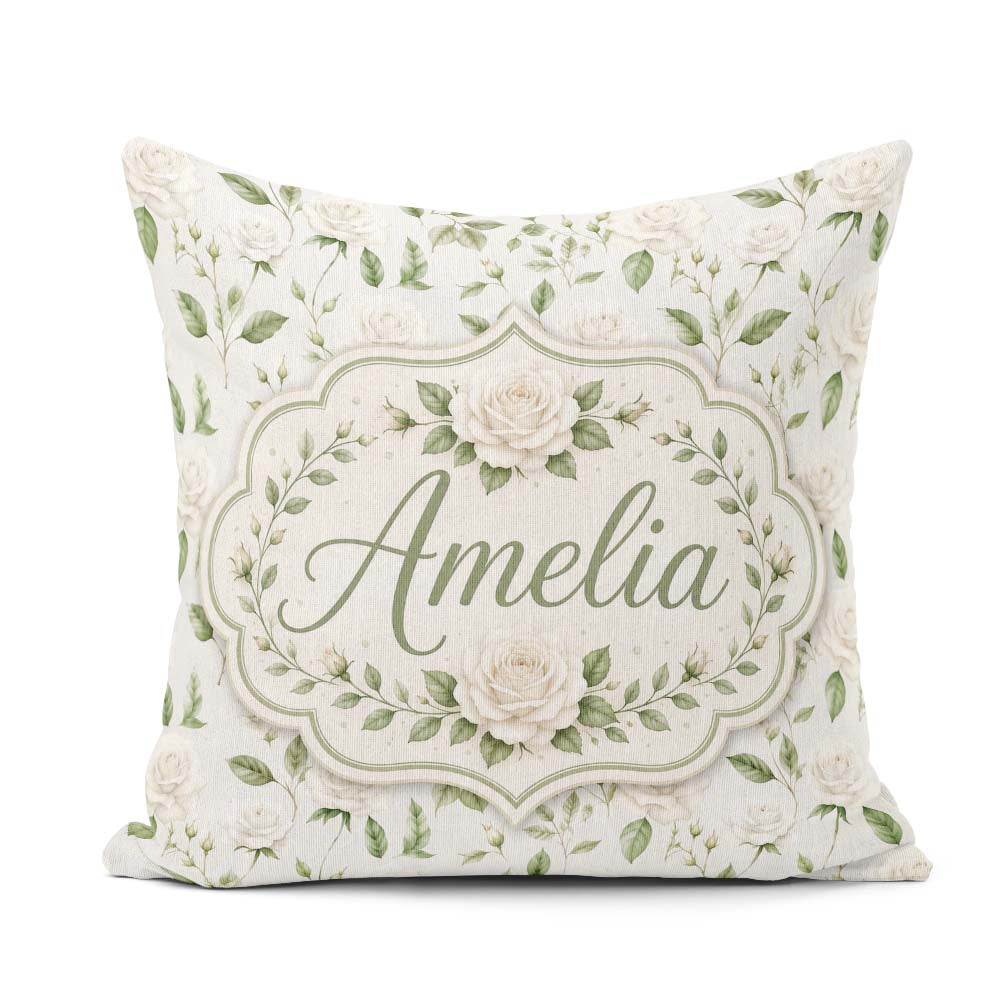 Custom Name Delicate White and Leaves Minimal Botanical Seamless Square Filled Cushion Throw Pillow Sofa Bed Home Decor Zip Washable UK Made