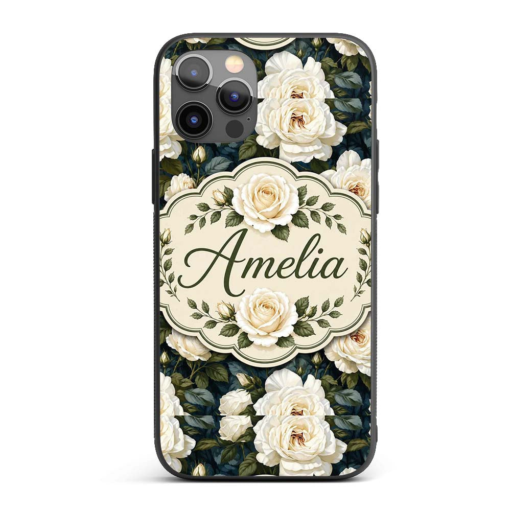 Romantic White Roses Dark Botanical Garden Printed Design Custom Name Protective Phone Case Mobile Cover Durable Smartphone Shock Resistant