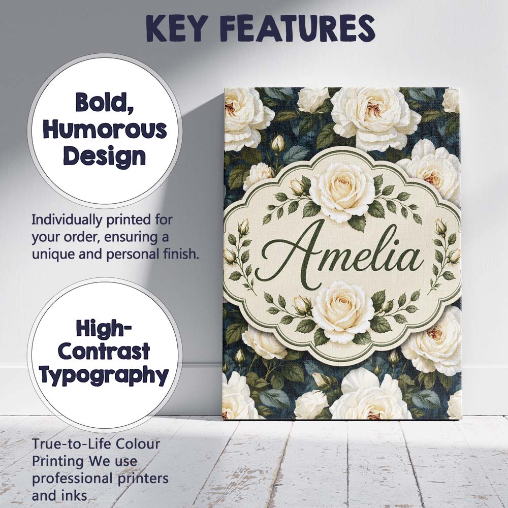 Personalised Name Romantic White Roses Dark Custom Bespoke Interior Contemporary Canvas Wall Art Print Decor Picture Ready to Hang