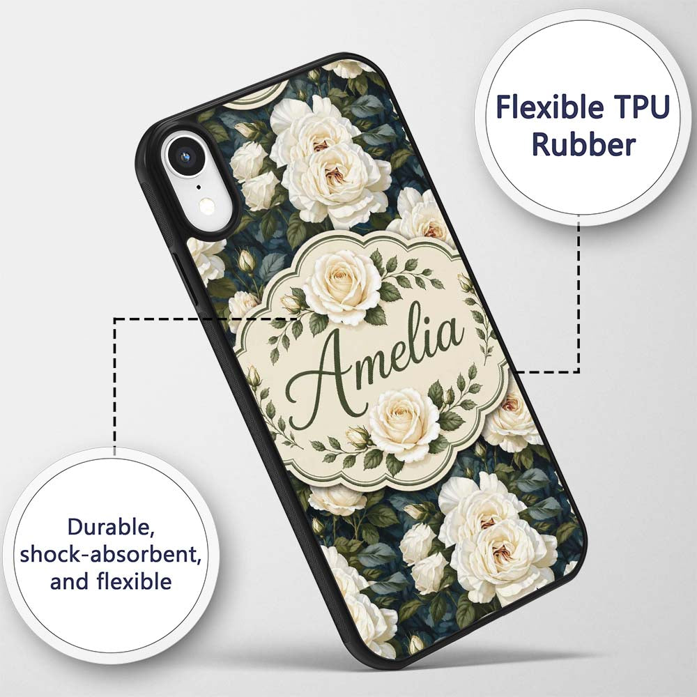 Romantic White Roses Dark Botanical Garden Printed Design Custom Name Protective Phone Case Mobile Cover Durable Smartphone Shock Resistant