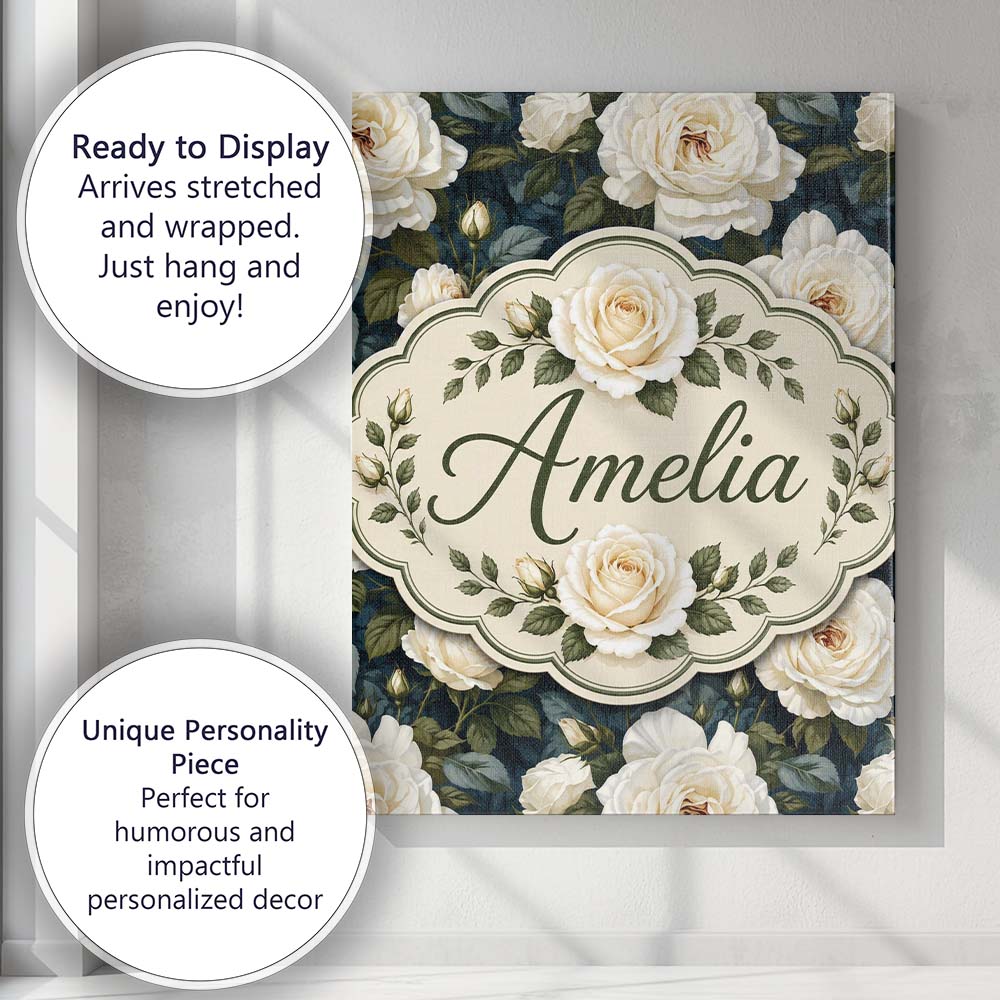 Personalised Name Romantic White Roses Dark Custom Bespoke Interior Contemporary Canvas Wall Art Print Decor Picture Ready to Hang
