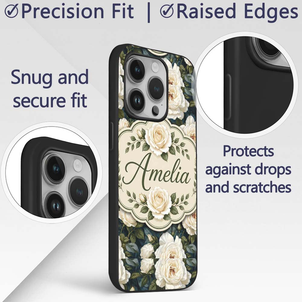 Romantic White Roses Dark Botanical Garden Printed Design Custom Name Protective Phone Case Mobile Cover Durable Smartphone Shock Resistant