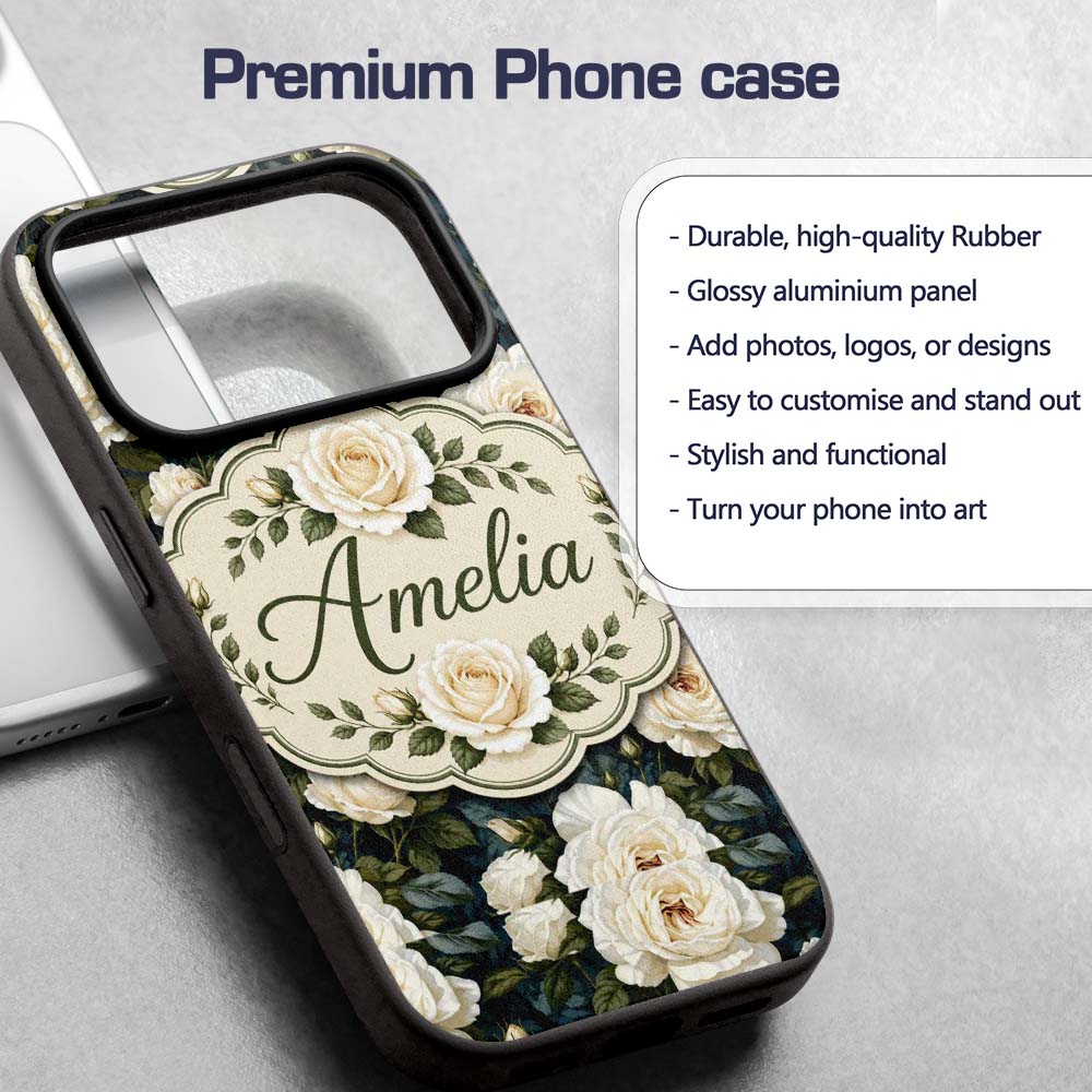 Romantic White Roses Dark Botanical Garden Printed Design Custom Name Protective Phone Case Mobile Cover Durable Smartphone Shock Resistant