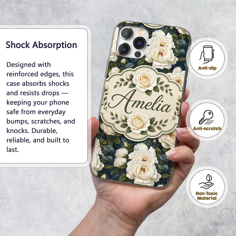 Romantic White Roses Dark Botanical Garden Printed Design Custom Name Protective Phone Case Mobile Cover Durable Smartphone Shock Resistant