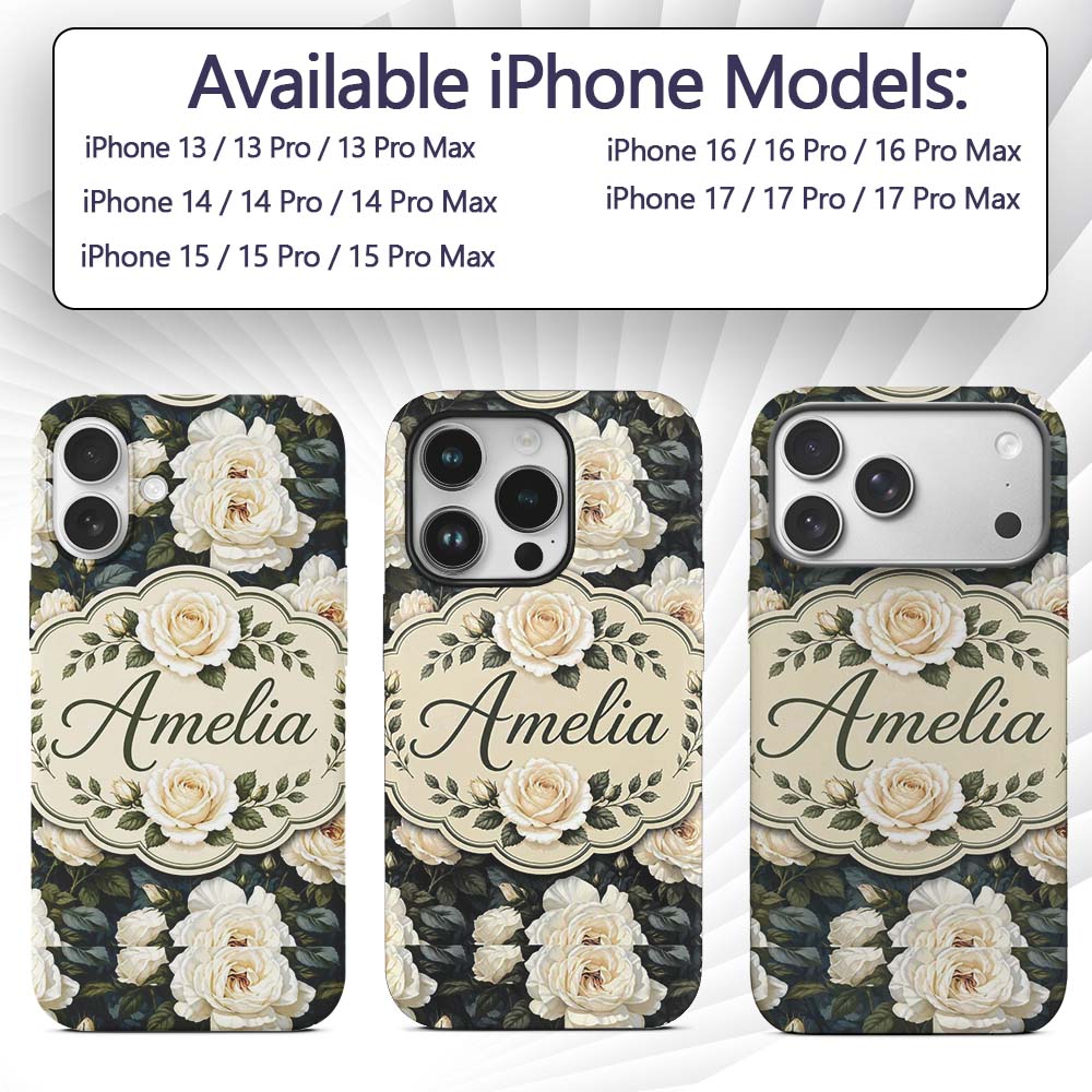 Romantic White Roses Dark Botanical Garden Printed Design Custom Name Protective Phone Case Mobile Cover Durable Smartphone Shock Resistant