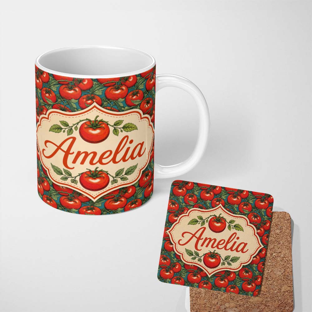 Personalized Custom Name Vibrant Red Tomato Vine Pattern on Teal Background Seamless Lovely 11oz Ceramic Coffee Tea Mug White Large Handle