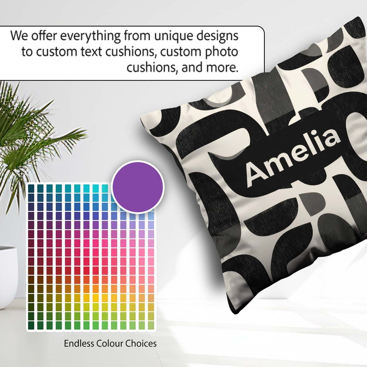 Custom Name Bold Curved Shapes Black Grey Modern Abstract Lovely Square Filled Cushion Throw Pillow Sofa Bed Home Decor Zip Washable UK Made