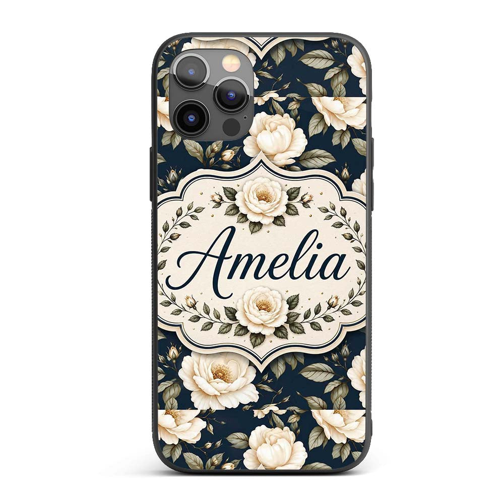 Elegant Beige Roses on Black Floral Seamless Custom Name Protective Phone Case Mobile Cover Durable Everyday Smartphone Shock Resistant