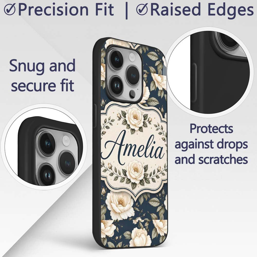 Elegant Beige Roses on Black Floral Seamless Custom Name Protective Phone Case Mobile Cover Durable Everyday Smartphone Shock Resistant