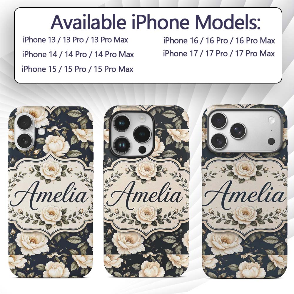 Elegant Beige Roses on Black Floral Seamless Custom Name Protective Phone Case Mobile Cover Durable Everyday Smartphone Shock Resistant