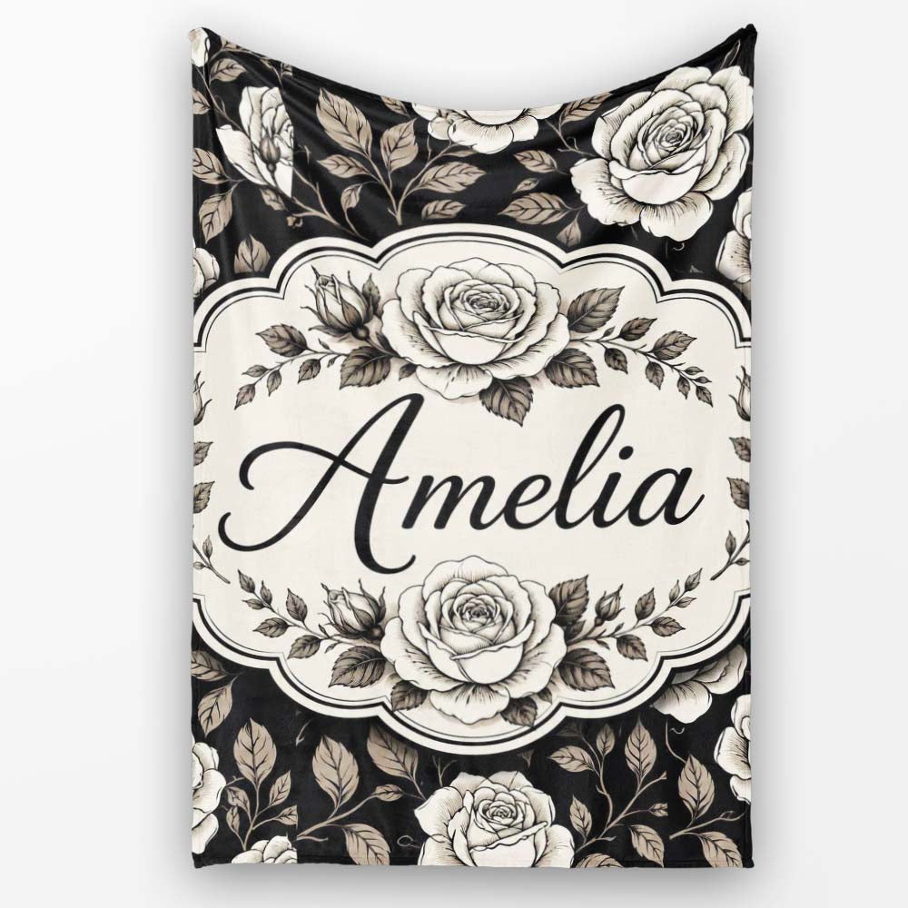 Soft Ivory Rose Blossoms Navy Background Seamless Pattern Lovely Personalised Custom Name Super Soft Fleece Blanket Bed Sofa Throw