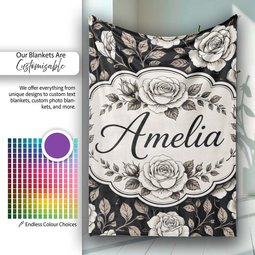 Soft Ivory Rose Blossoms Navy Background Seamless Pattern Lovely Personalised Custom Name Super Soft Fleece Blanket Bed Sofa Throw