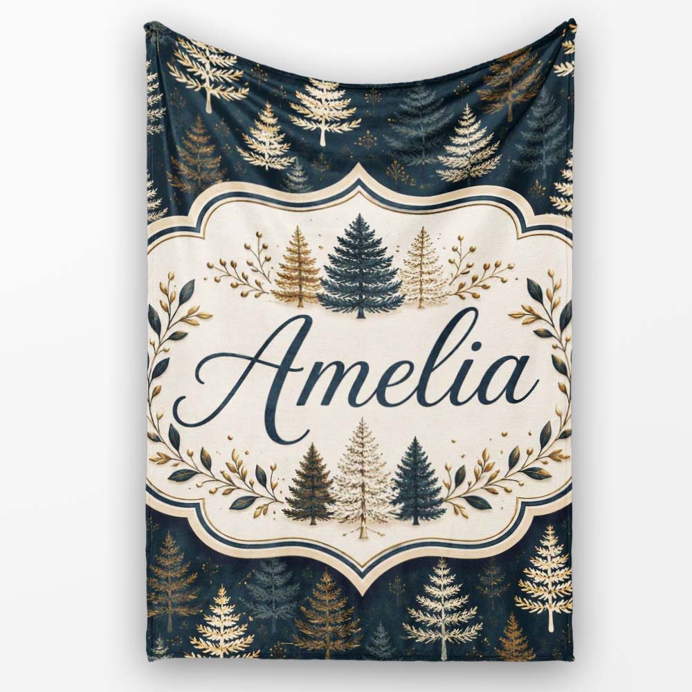 Elegant Pine Tree Forest Dark Blue Winter Seamless Pattern Lovely Personalised Custom Name Super Soft Fleece Blanket Bed Sofa Throw