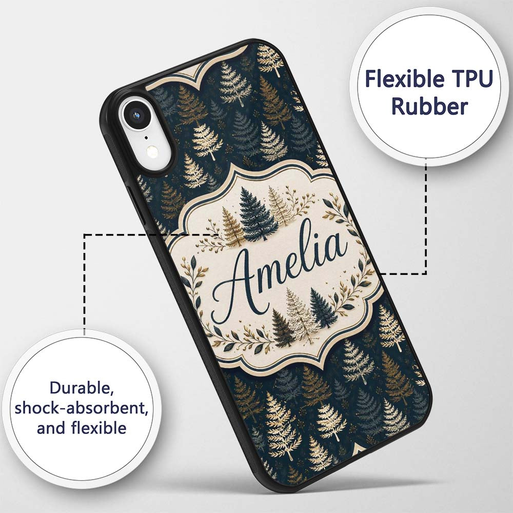 Elegant Pine Tree Forest Dark Blue Printed Design Custom Name Protective Phone Case Mobile Cover Durable Everyday Smartphone Shock Resistant