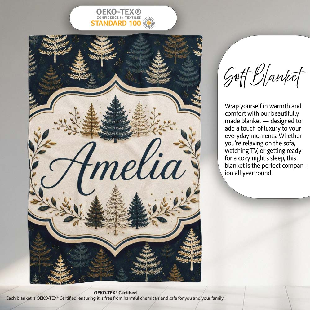 Elegant Pine Tree Forest Dark Blue Winter Seamless Pattern Lovely Personalised Custom Name Super Soft Fleece Blanket Bed Sofa Throw