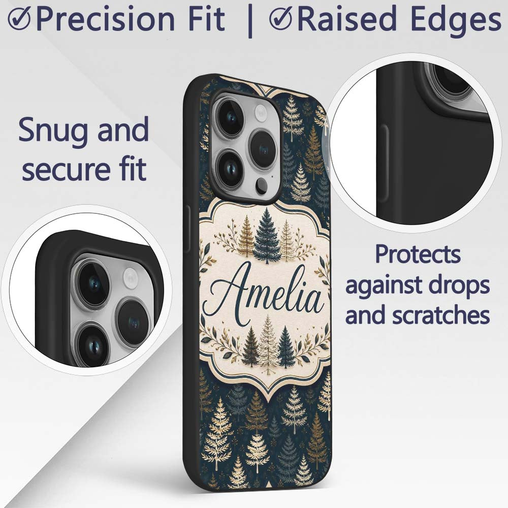 Elegant Pine Tree Forest Dark Blue Printed Design Custom Name Protective Phone Case Mobile Cover Durable Everyday Smartphone Shock Resistant