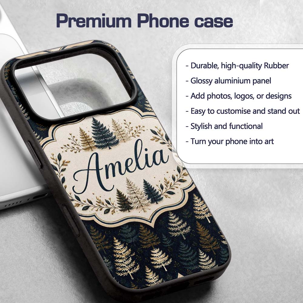 Elegant Pine Tree Forest Dark Blue Printed Design Custom Name Protective Phone Case Mobile Cover Durable Everyday Smartphone Shock Resistant