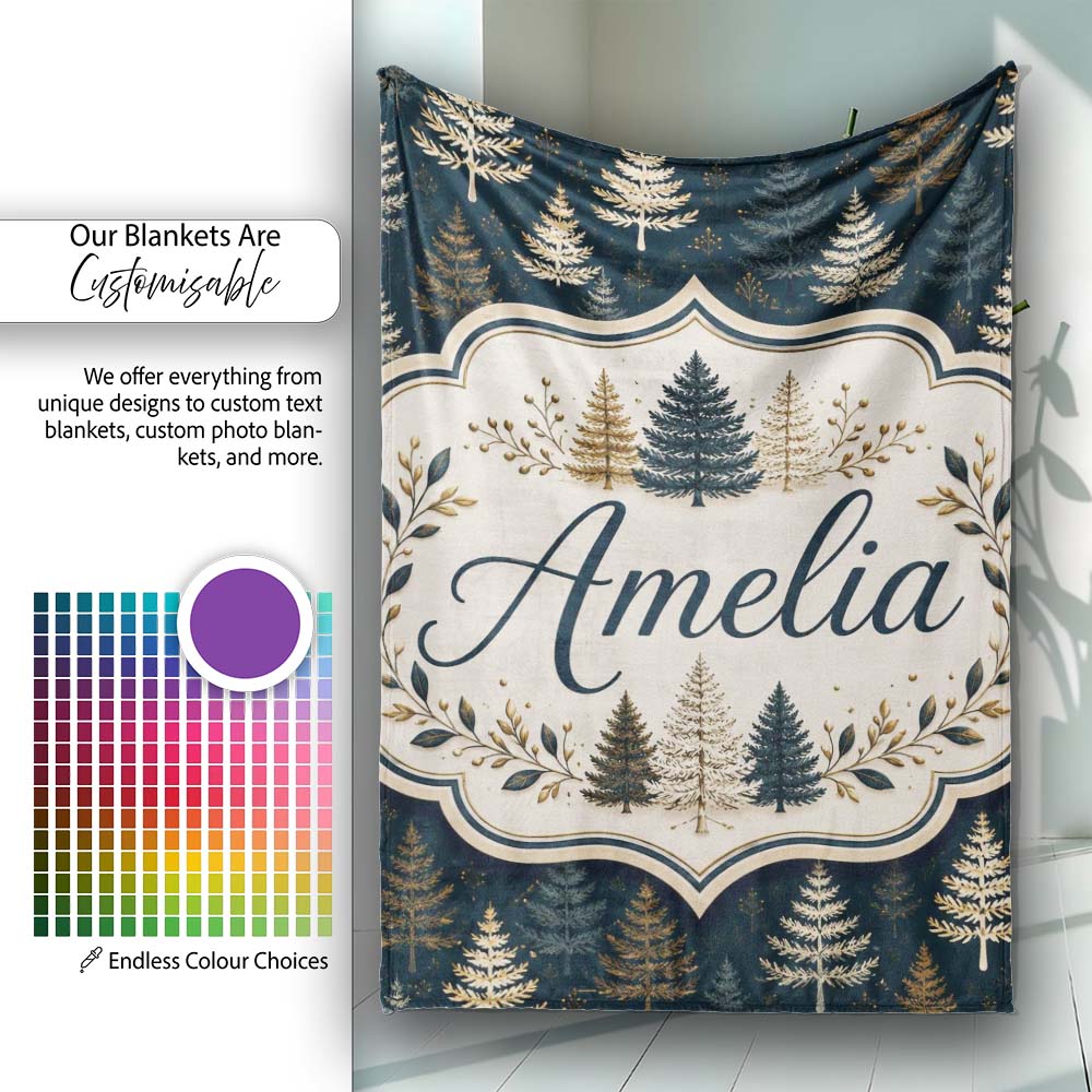 Elegant Pine Tree Forest Dark Blue Winter Seamless Pattern Lovely Personalised Custom Name Super Soft Fleece Blanket Bed Sofa Throw