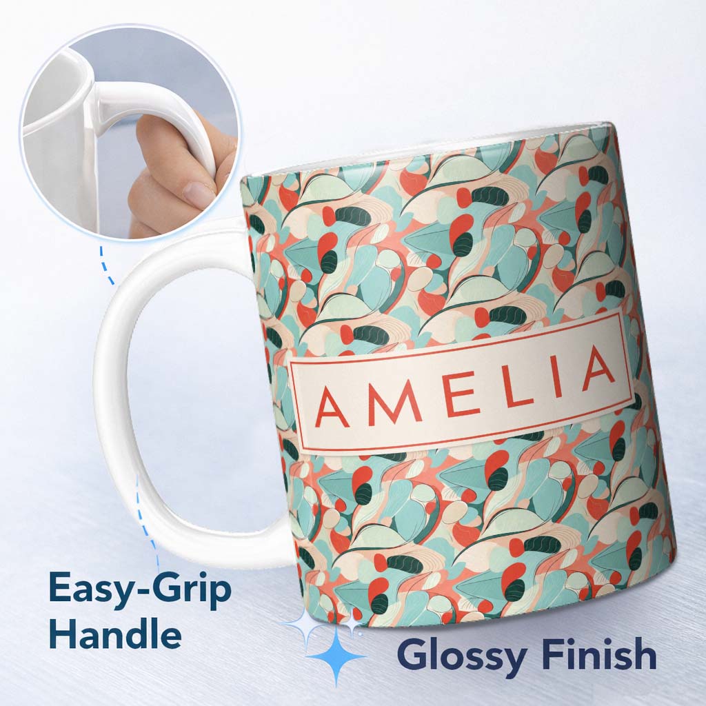 Personalized Custom Name Abstract Mid Century Modern Organic Shapes Teal Coral Seamless 11oz Ceramic Coffee Tea Mug White Large Handle