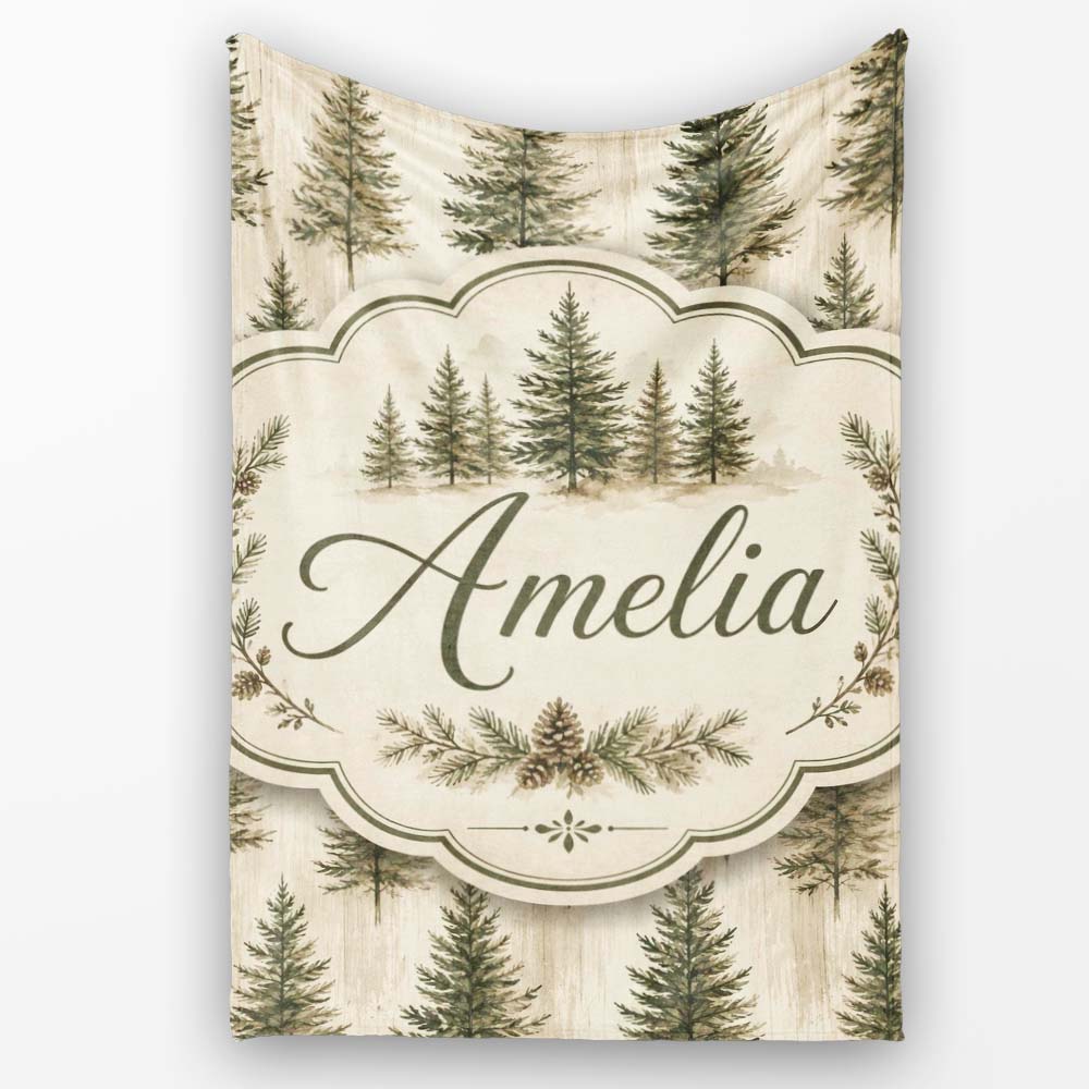 Rustic Evergreen Trees Vintage Wood Texture Seamless Pattern Lovely Personalised Custom Name Super Soft Fleece Blanket Bed Sofa Throw
