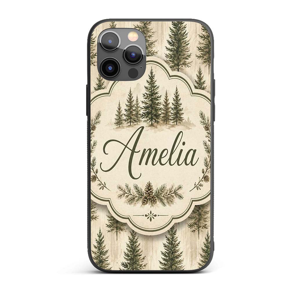 Rustic Evergreen Trees Vintage Printed Design Custom Name Protective Phone Case Mobile Cover Durable Everyday Smartphone Shock Resistant