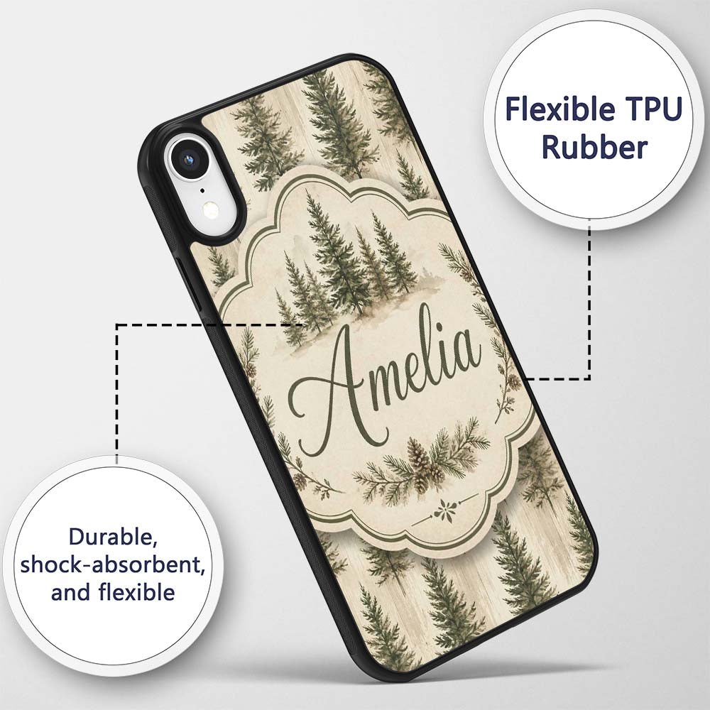 Rustic Evergreen Trees Vintage Printed Design Custom Name Protective Phone Case Mobile Cover Durable Everyday Smartphone Shock Resistant