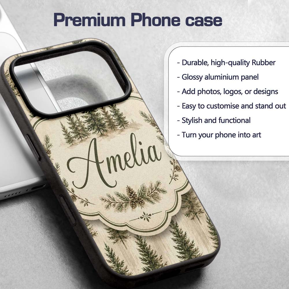 Rustic Evergreen Trees Vintage Printed Design Custom Name Protective Phone Case Mobile Cover Durable Everyday Smartphone Shock Resistant