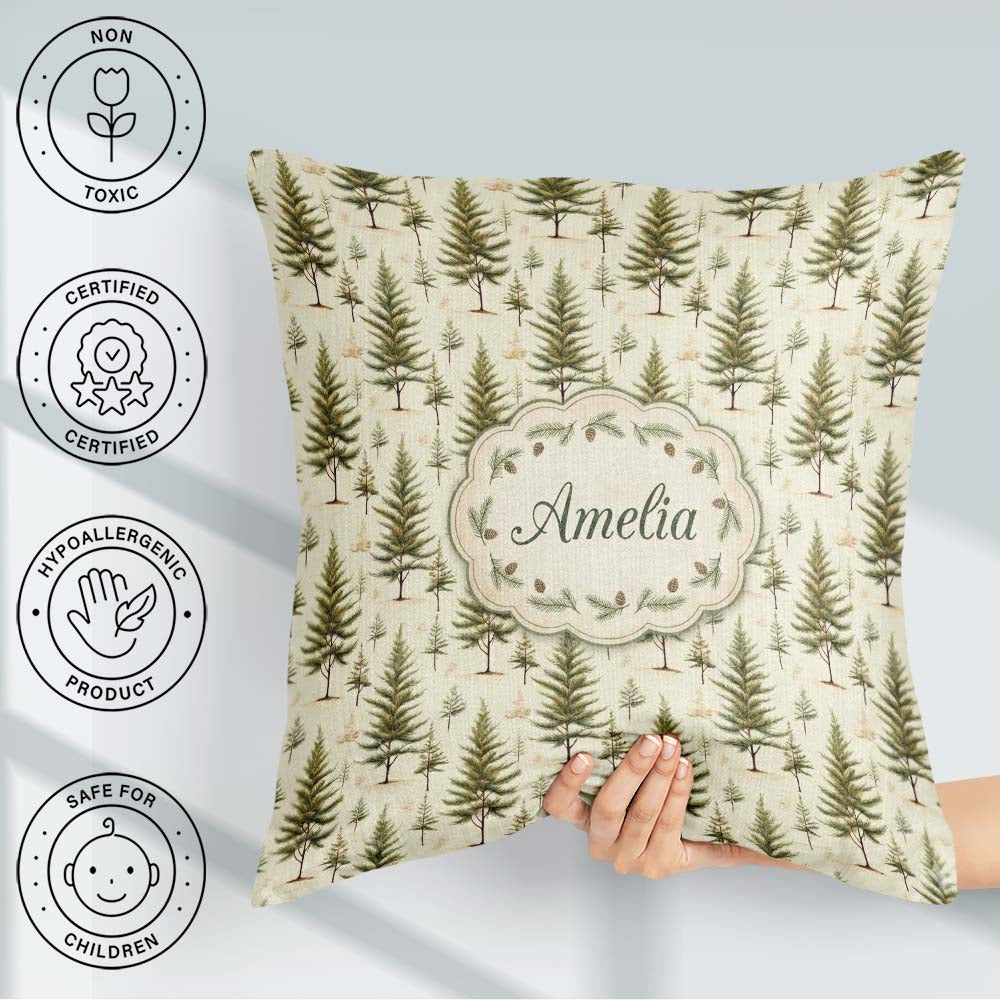 Custom Name Natural Evergreen Forest Background Seamless Pattern Square Filled Cushion Throw Pillow Sofa Bed Home Decor Zip Washable UK Made