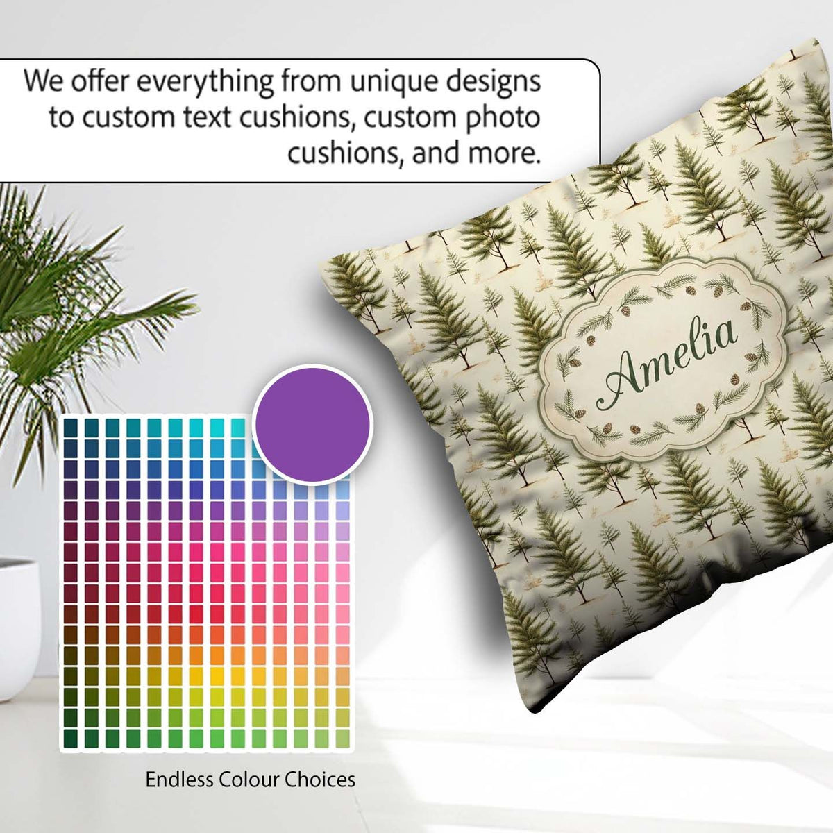 Custom Name Natural Evergreen Forest Background Seamless Pattern Square Filled Cushion Throw Pillow Sofa Bed Home Decor Zip Washable UK Made