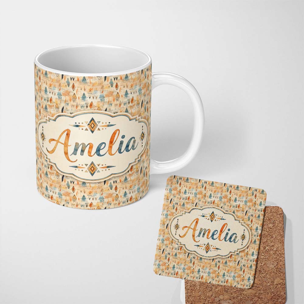 Personalized Custom Name Abstract Tribal Symbols Soft Blue Orange Watercolor Seamless Pattern 11oz Ceramic Coffee Tea Mug White Large Handle