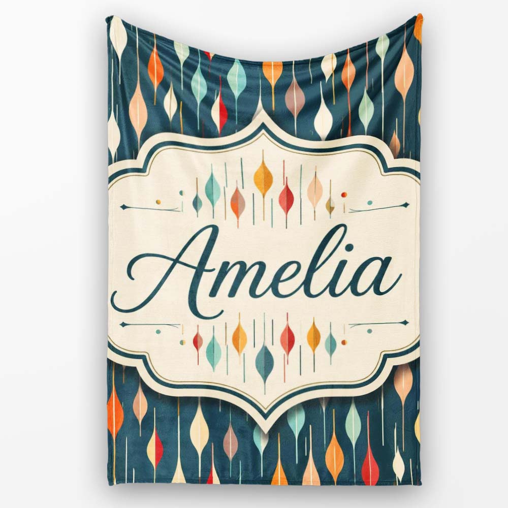 Mid Century Abstract Raindrop Shapes Dark Teal Seamless Pattern Personalised Custom Name Super Soft Fleece Blanket Bed Sofa Throw