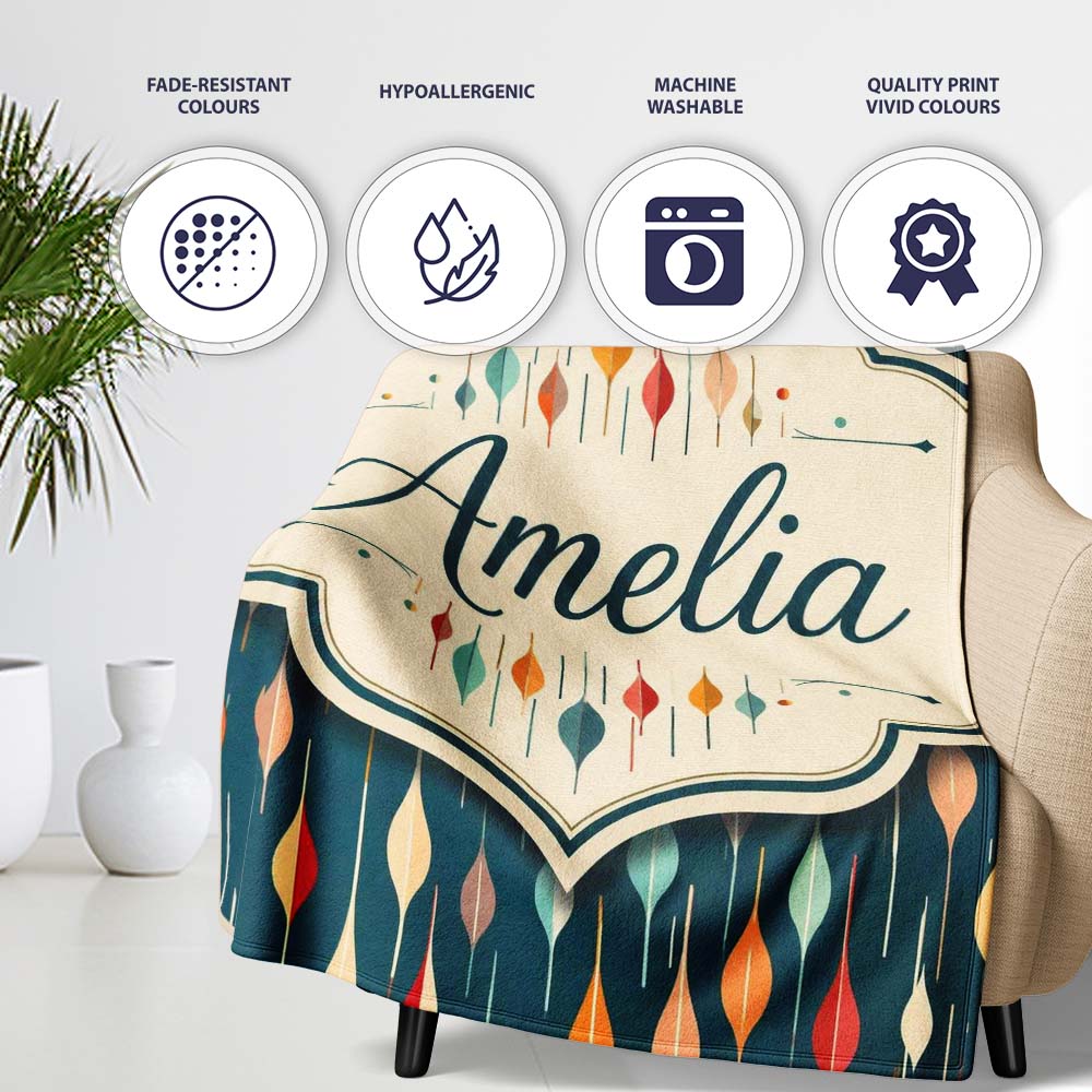 Mid Century Abstract Raindrop Shapes Dark Teal Seamless Pattern Personalised Custom Name Super Soft Fleece Blanket Bed Sofa Throw