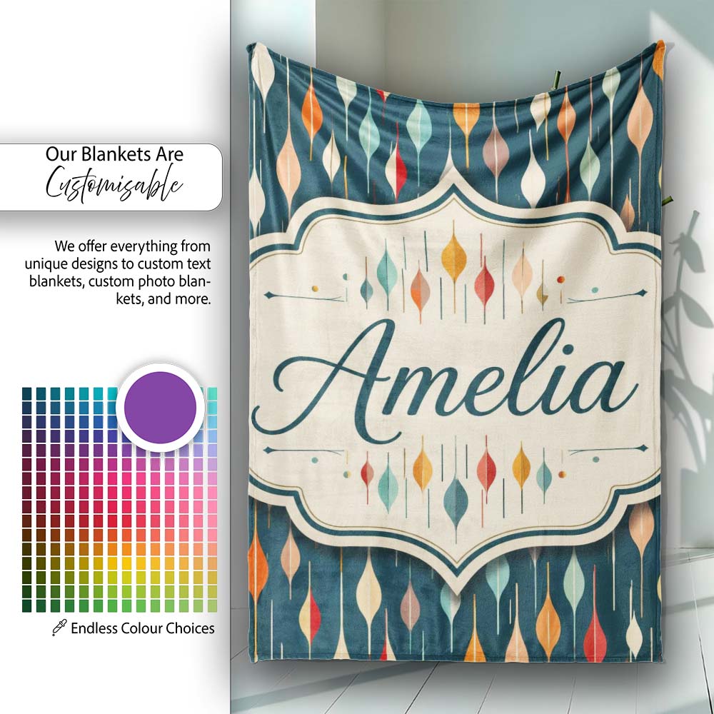 Mid Century Abstract Raindrop Shapes Dark Teal Seamless Pattern Personalised Custom Name Super Soft Fleece Blanket Bed Sofa Throw