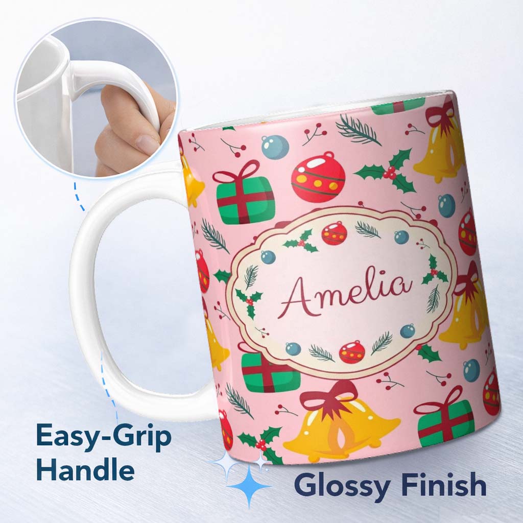 Personalized Custom Name Cute Christmas Bells Gift Box Holly Berry Seamless Pattern Lovely 11oz Ceramic Coffee Tea Mug White Large Handle