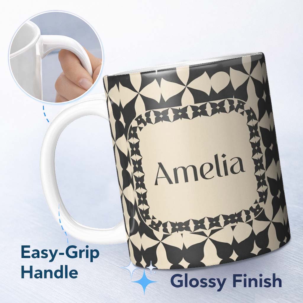 Personalized Custom Name Symmetrical Petal Tile Black Cream Geometric Floral Pattern Lovely 11oz Ceramic Coffee Tea Mug White Large Handle