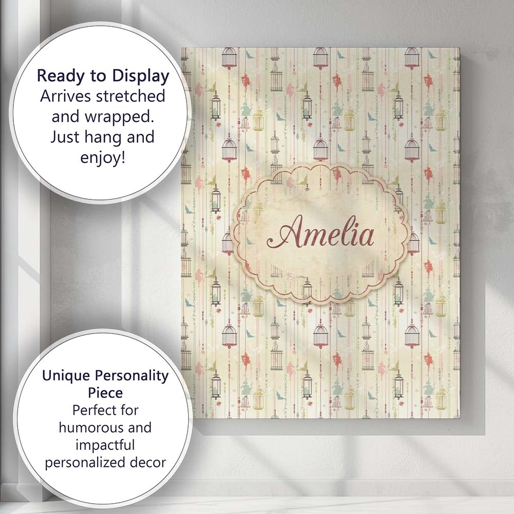 Personalised Name Elegant Birdcage Floral Custom Bespoke Decorative Contemporary Canvas Wall Art Print Decor Picture Ready to Hang