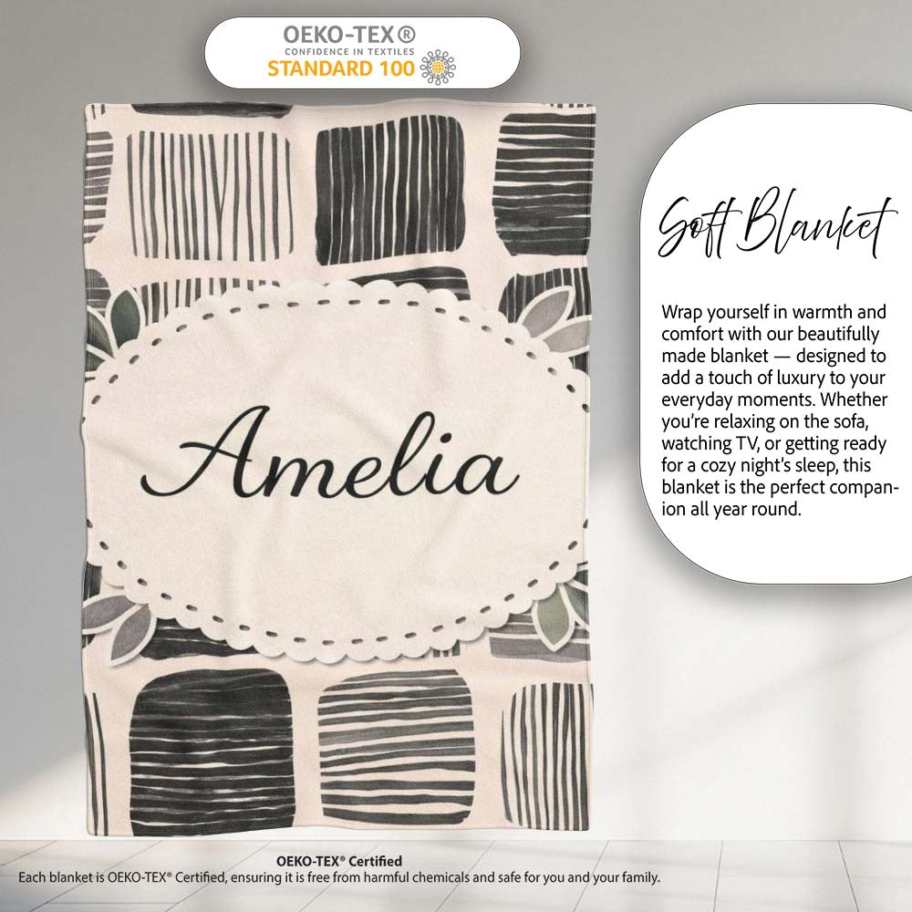 Mixed Stripe Blocks Black Grey Textured Patch Pattern Lovely Personalised Custom Name Super Soft Fleece Blanket Bed Sofa Throw