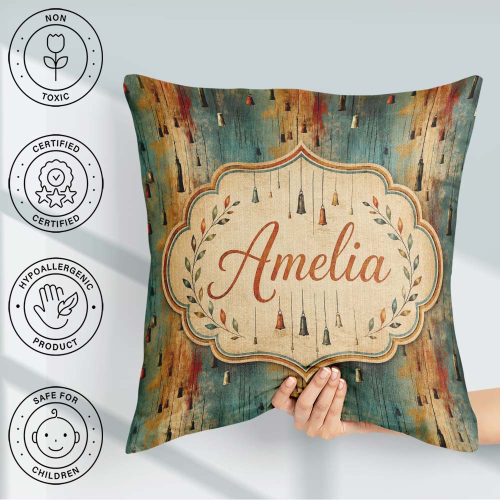 Custom Name Rustic Hanging Metal Bells Distressed Paint Seamless Square Filled Cushion Throw Pillow Sofa Bed Home Decor Zip Washable UK Made