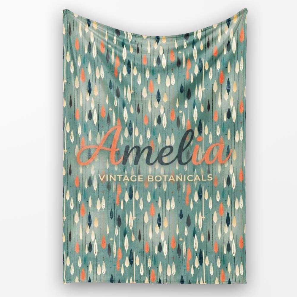 Mid Century Leaf Drop Shapes Teal Background Seamless Pattern Lovely Personalised Custom Name Super Soft Fleece Blanket Bed Sofa Throw