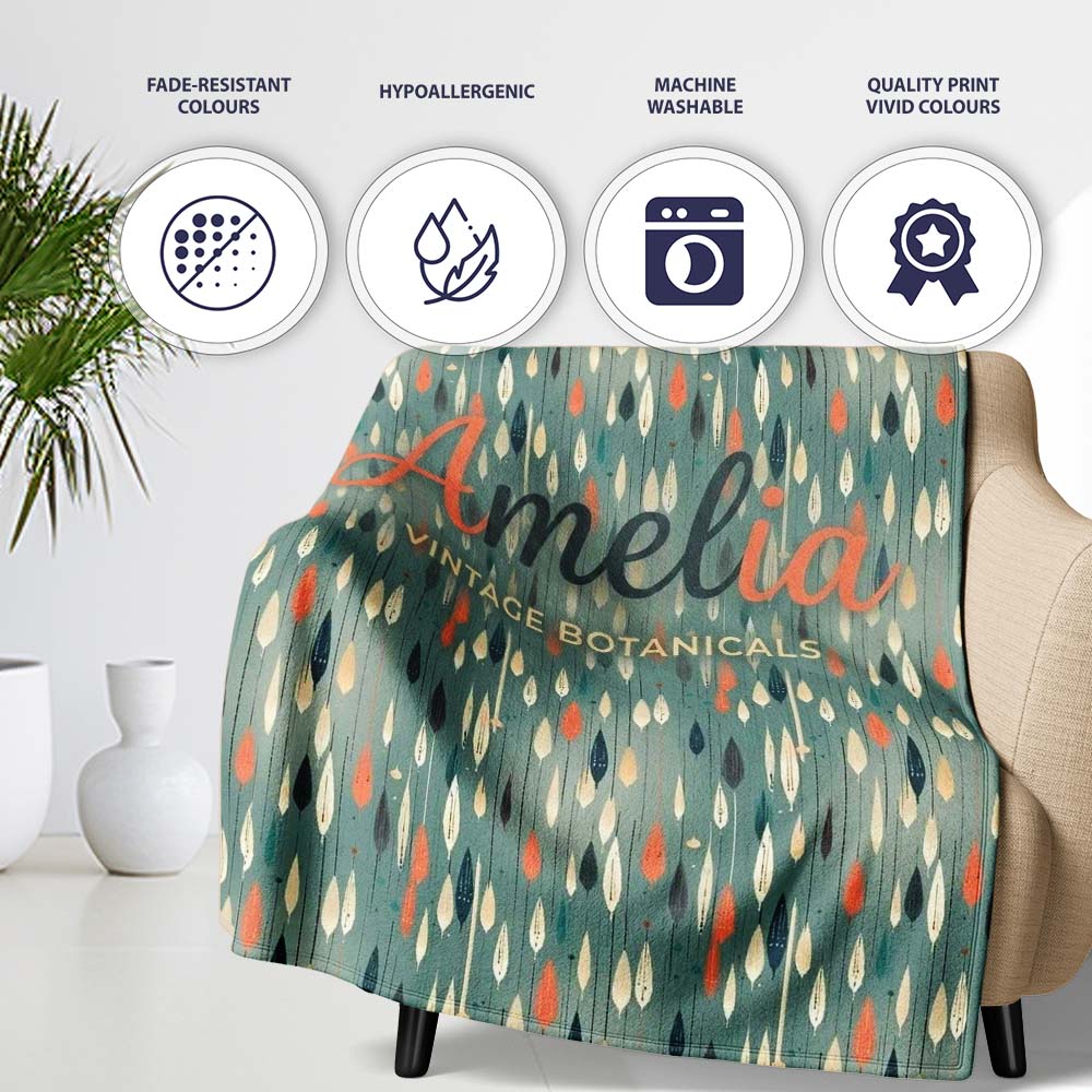 Mid Century Leaf Drop Shapes Teal Background Seamless Pattern Lovely Personalised Custom Name Super Soft Fleece Blanket Bed Sofa Throw