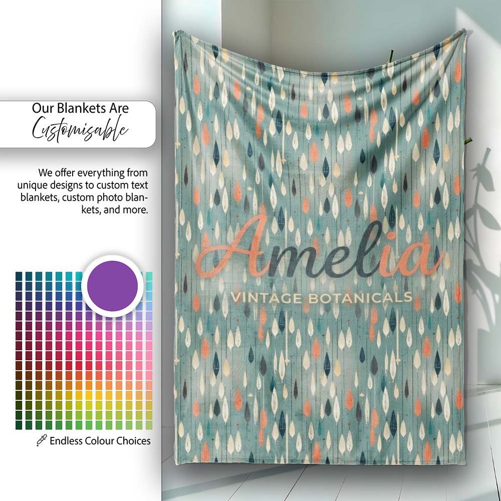Mid Century Leaf Drop Shapes Teal Background Seamless Pattern Lovely Personalised Custom Name Super Soft Fleece Blanket Bed Sofa Throw